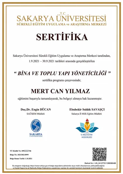 Sakarya Üniversitesi Bina ve Toplu Yapı Yöneticiliği sertifikası