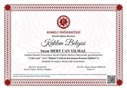 İstanbul Rumeli Üniversitesi KVKK eğitimi katılım belgesi