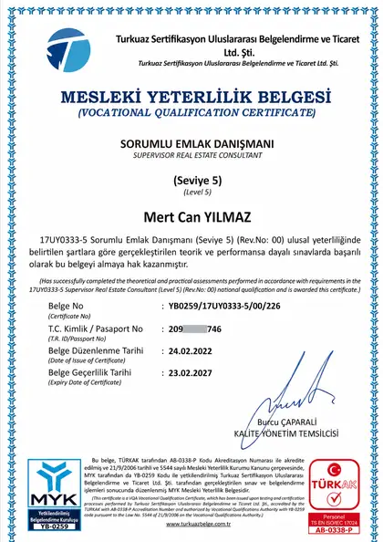 MYK onaylı Sorumlu Emlak Danışmanı Seviye 5 mesleki yeterlilik belgesi