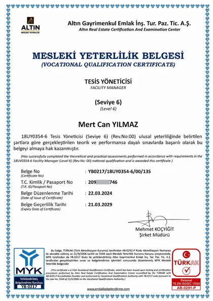 MYK onaylı Tesis Yöneticisi Seviye 6 mesleki yeterlilik belgesi